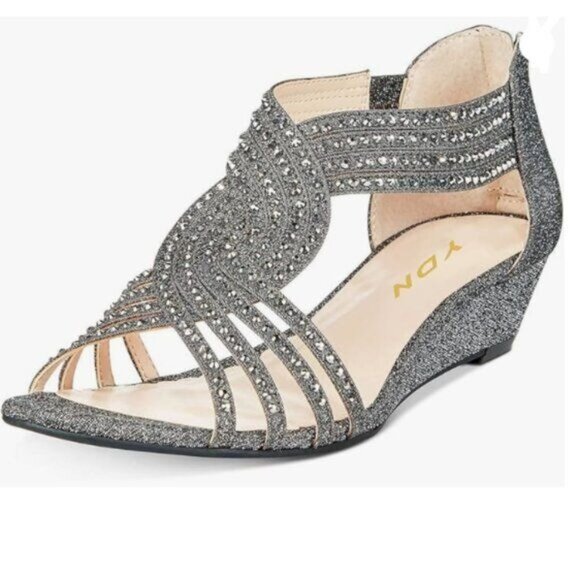 YDN Grey Wedge Glitter Open Toe Rhinestones Cross Over Straps Mid Heels Sandals - Picture 1 of 8